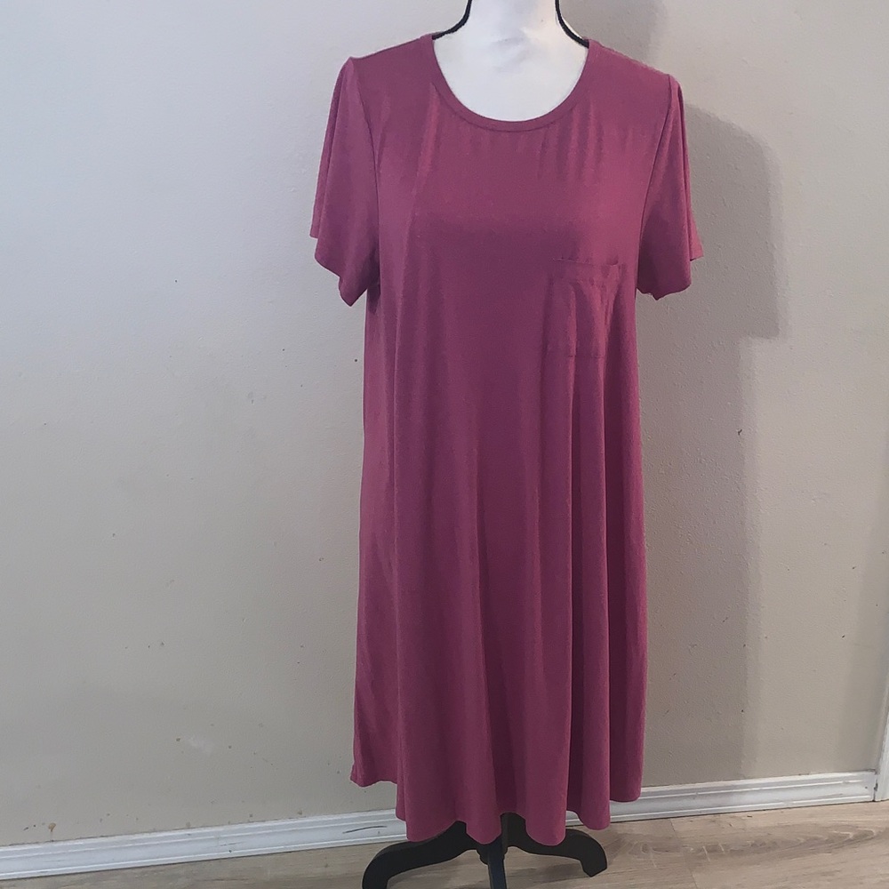 Lularoe Woman’s Large Pink Pocket Shirt Dress Midi Stretchy
